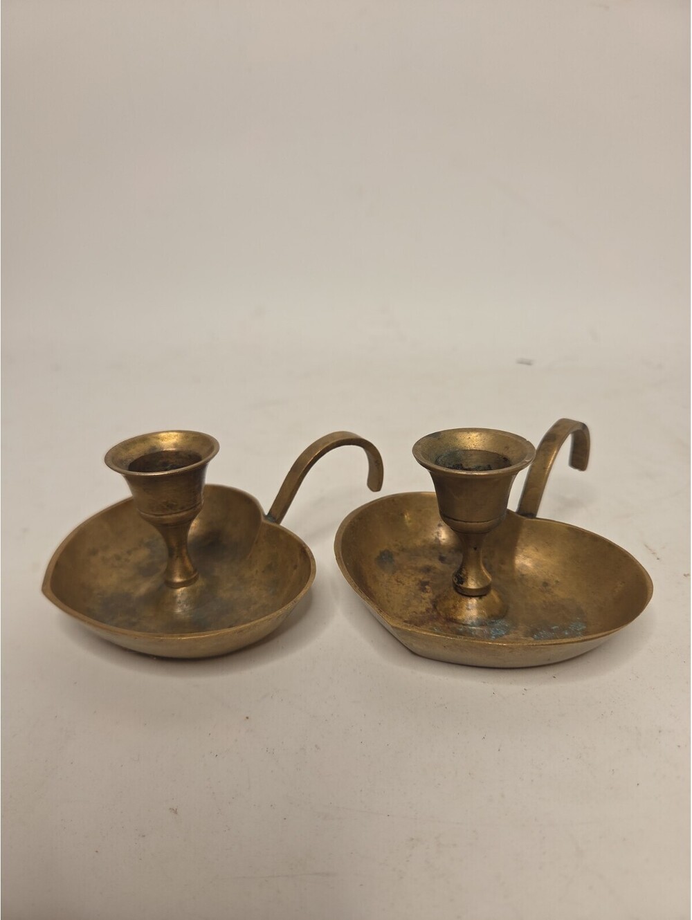 Pair Vintage Brass Heart Chamberstick Candle Holders Finger Loop Taper Vtg India